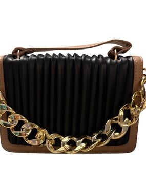 3 AM Forever Structured Black & Tan Shoulder Bag with Statement Gold Chain